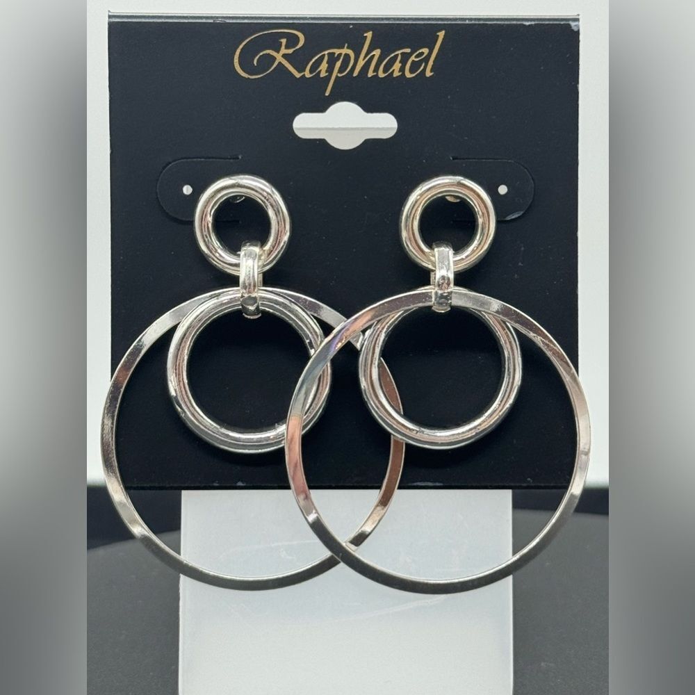Raphael Silver Tone Post Double hoop dangling earrings 2 Inch